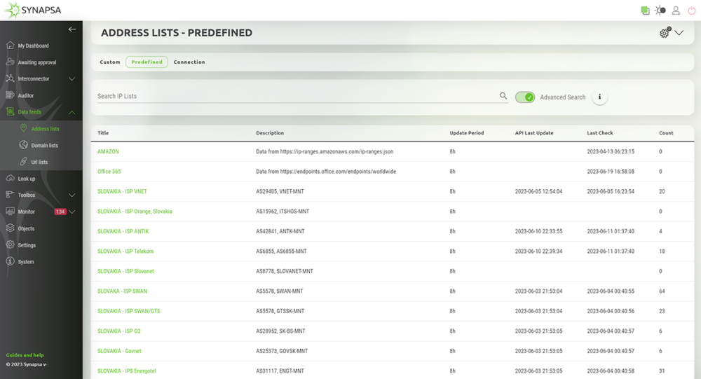 Synapsa Data Feeds Address Lists predefined